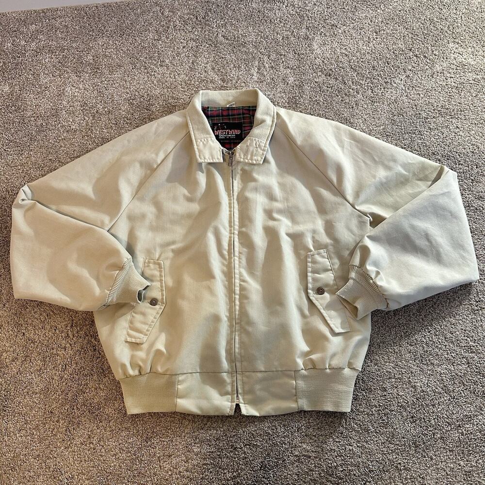 Vintage 80s 90s West Wind Bomber Jacket Mens Large L Khaki Tan Flannel Lined Zip